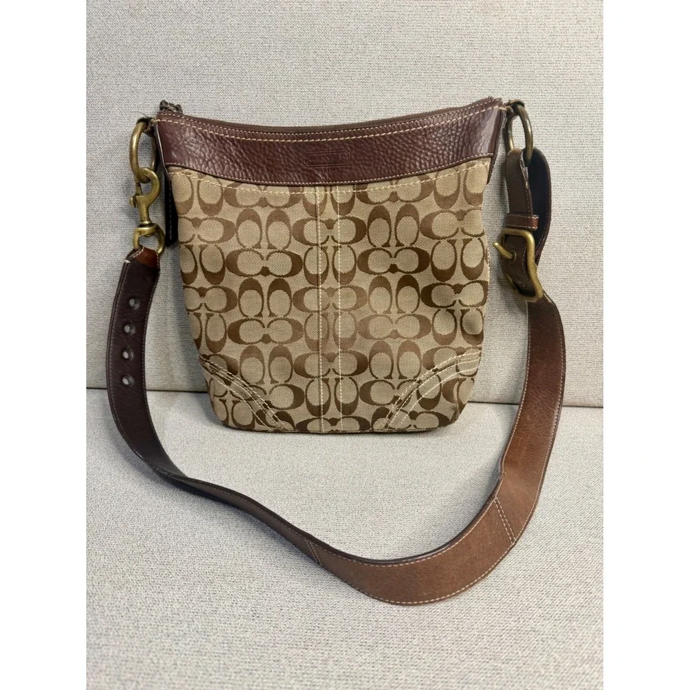 Y2K Coach Signature Jacquard Crossbody Bag Brown Leather Trim 10403 VTG‎ Khaki